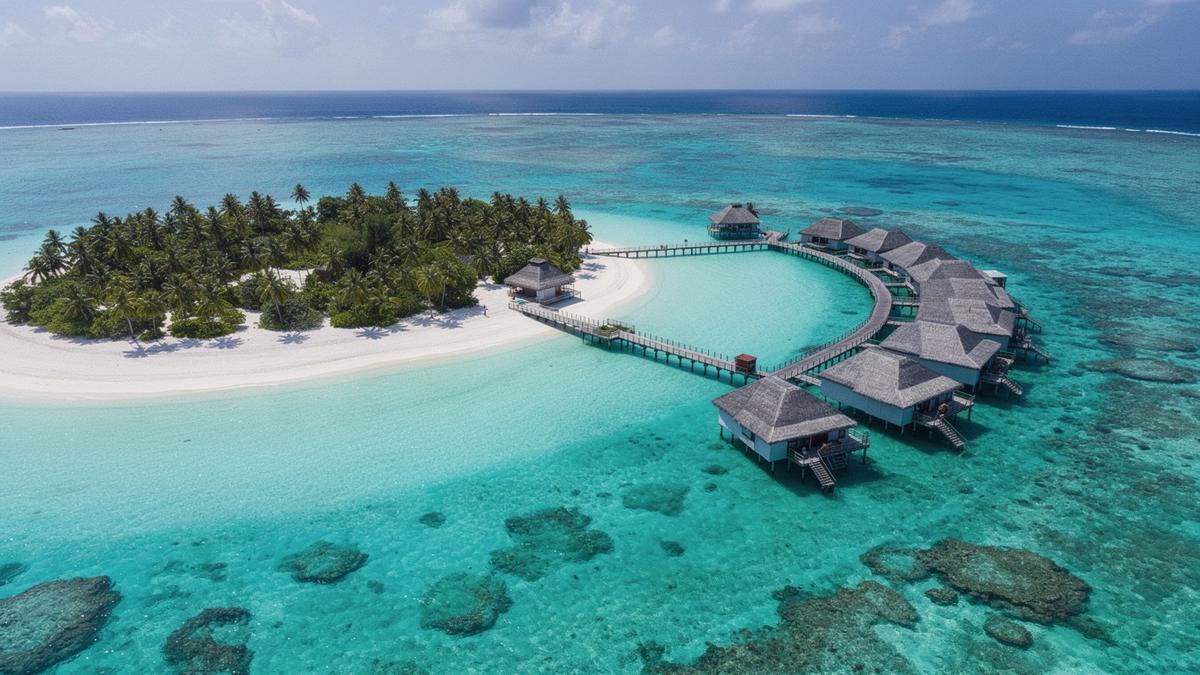 Aerial view of a turquoise atoll lagoon with a resort jetty reaching into shallow water